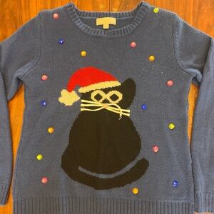 Cat Carolyn Taylor Blue Santa Hat Jewel Graphic Pullover Sweater Women L